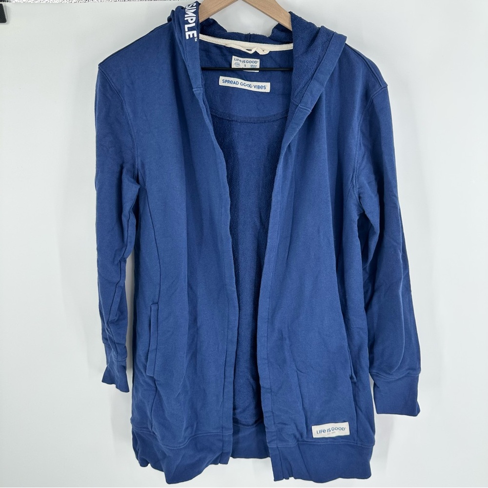 Life is Good Cardigan Womens Small Blue Hooded Sweater Pockets Keep‎ It Simple
